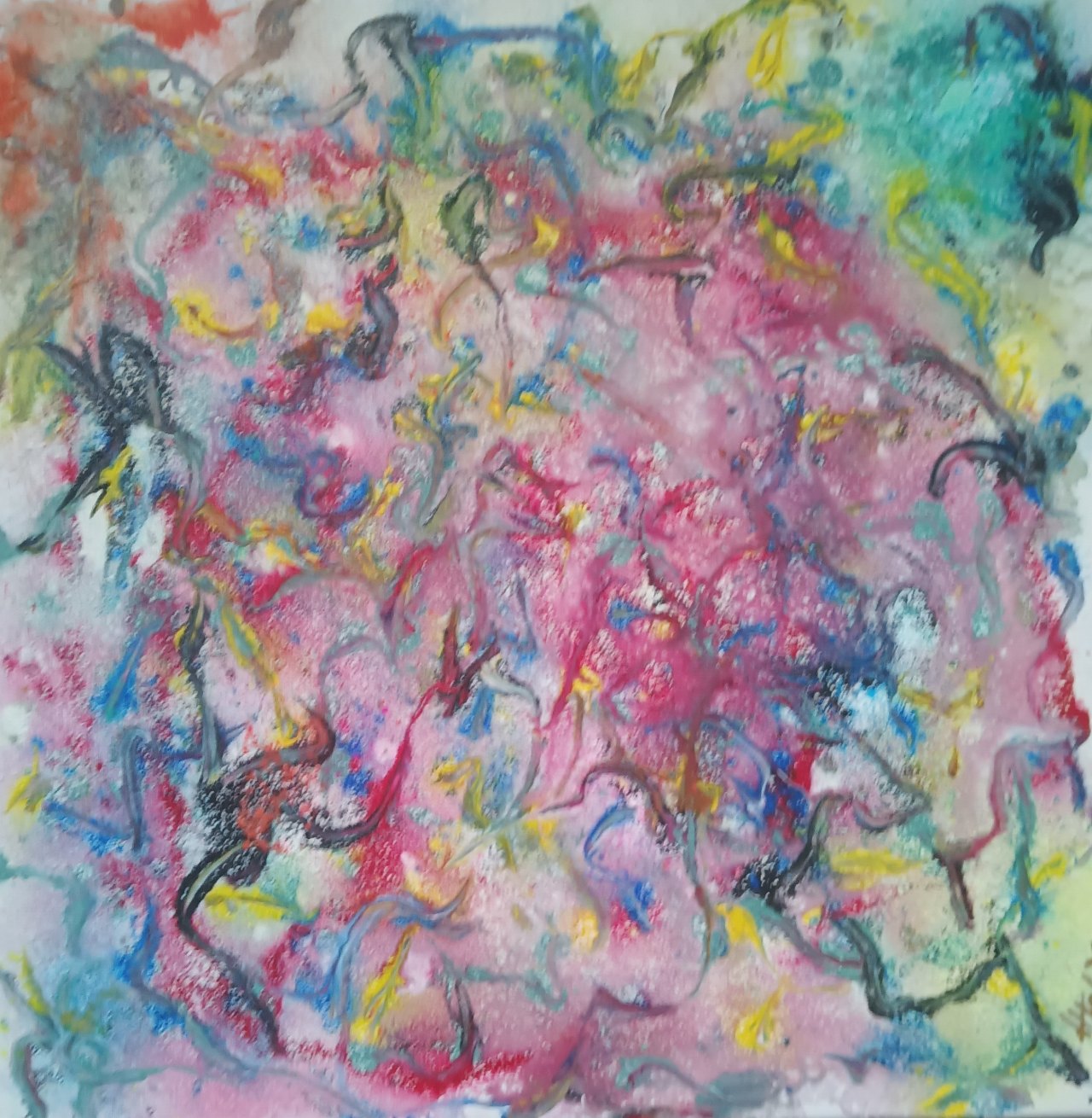 Chaos im Kopf: dicht überlagerte Linien und Farbflächen in Grün, Rosa, Blau und Gelb.